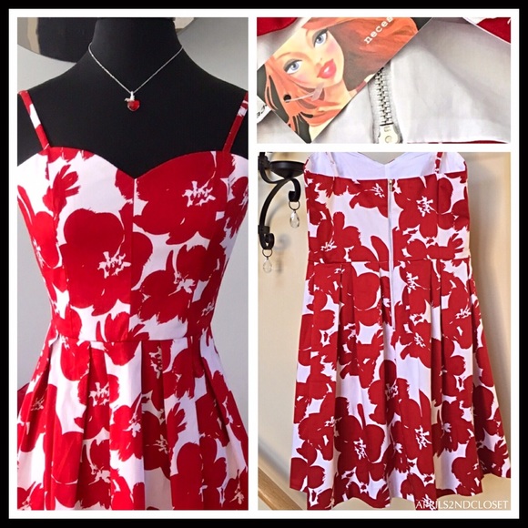 A-LINE SWEETHEART NECK RED FLORAL PRINT DRESS A3C - Picture 4 of 8